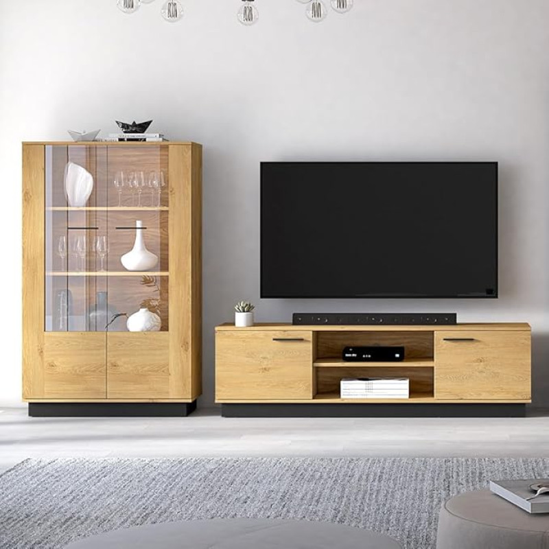 Living Room Set 2-Piece with Display Cabinet & Lowboard in Oak, Glass Elements, Soft Close & Black Details, Modern Furniture Set