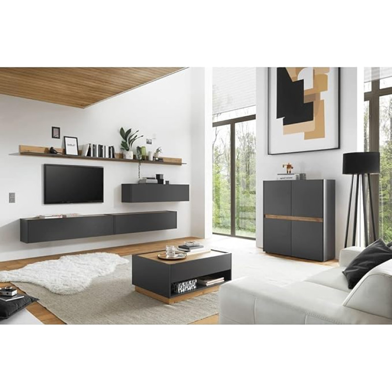 Lomadox Living Room Wall Unit Complete Set in Anthracite with Inserts in Wotan Oak Nb.