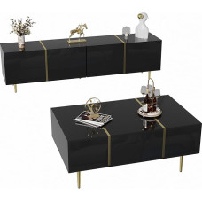 Modern High Gloss Wall Unit Set Consisting of TV Cabinet with Four Doors and Coffee Table with Two Drawers, MDF Construction, Golden Accents, Storage Space, Robot Safe, Easy to Clean (Black)