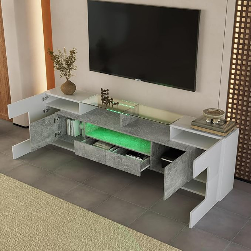 Ligterra Stylish TV Cabinet Lowboard High Gloss White 200cm LED Lighting Living Room Furniture Modern Design Elegant Glass Surface