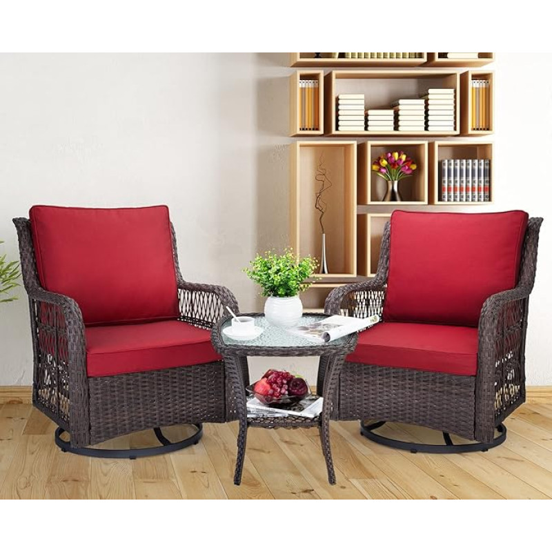 coucheta Indoor Wicker Swivel Schaukelstuhl Sets mit Beistelltisch, Freizeit Terrassenmöbel Set für Wohnzimmer, Balkon, Garten und Terrasse (A, Rost)