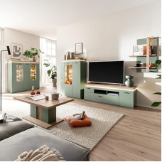 Lomadox Living Room Set with Remote Cabinet & Highboard with LED Accent & Interior Lighting, Green with Oak Modern 5 Pieces -