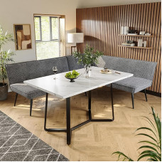 Lexiou Sofa and Table Set (3 Pieces), Grey Modern Sofa, Metal Sofa Legs, Adjustable Legs, MDF Marbled Table Top, Black Table Legs, Living Room Dining Room Furniture
