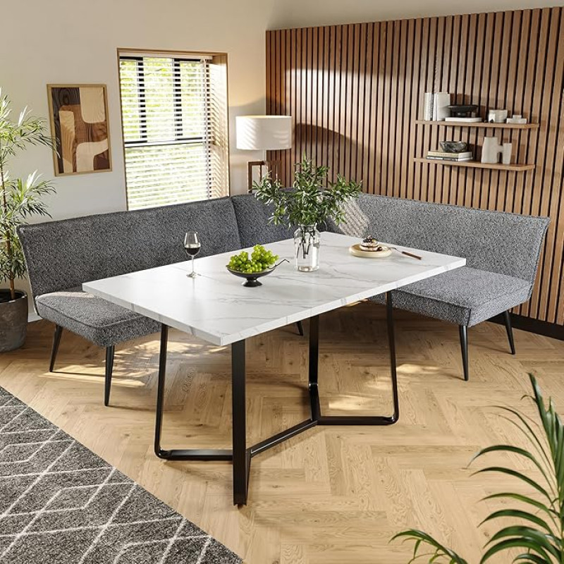 Lexiou Sofa and Table Set (3 Pieces), Grey Modern Sofa, Metal Sofa Legs, Adjustable Legs, MDF Marbled Table Top, Black Table Legs, Living Room Dining Room Furniture