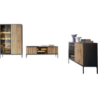 Mirjan24 Selvix I Living Room Set, Handle-Free Opening System, Metal Feet, Living Room Cabinet, in Set: Chest of Drawers, Standing Display Cabinet, TV Cabinet (Black Graphite/Wotan Oak)