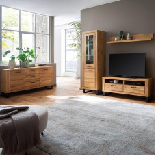 Living Room Furniture Set in Partially Solid Oak with 138 cm Lowboard and LED Lighting, 4 Pieces, Real Wood/Solid Wood Fronts, Oiled