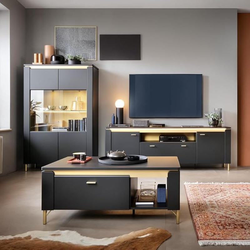 Lomadox Living Room Set 3-Piece in Matt Black with Gold Accents