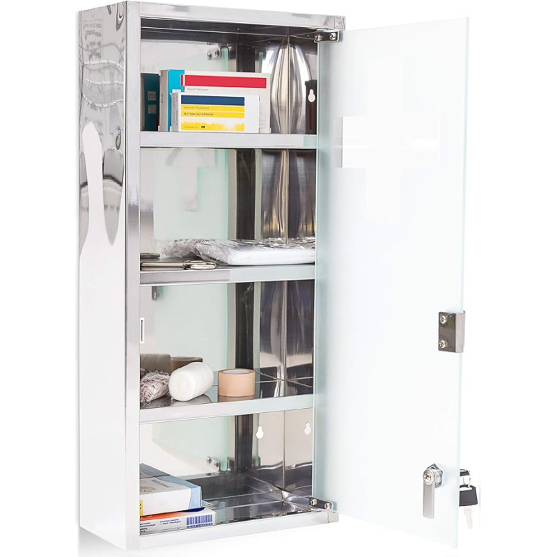 Relaxdays Large Medicine Cabinet, 57 x 27 x 12 cm, Stainless Steel, Lockable, 4 Shelves, With Frosted Glass Door, Silver