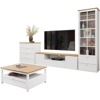 Mirjan24 Gacoris II Living Room Set in Scandinavian Style, Living Room Cabinet, Wall Unit, Cabinet Wall, in Set: Chest of Drawers, TV Lowboard, Showcase, Coffee Table (White/Lefkas Oak)