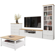 Mirjan24 Gacoris II Living Room Set in Scandinavian Style, Living Room Cabinet, Wall Unit, Cabinet Wall, in Set: Chest of Drawers, TV Lowboard, Showcase, Coffee Table (White/Lefkas Oak)