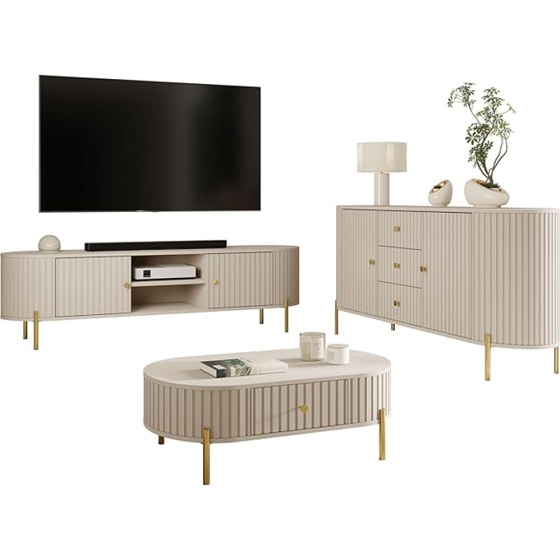 Mirjan24 Sepiroz I Living Room Set, Chest of Drawers, TV Lowboard, Coffee Table, Dampened Locking System, Metal Handles and Feet (Sand Beige)