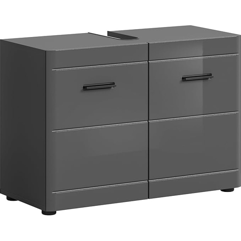xonox.Home Bathroom Soft Vanity Unit Bathroom Base Cabinet Sink Cabinet Front Grey High Gloss MDF TZ Body Approx. 80 x 56 x 34 cm with 2 Drawers