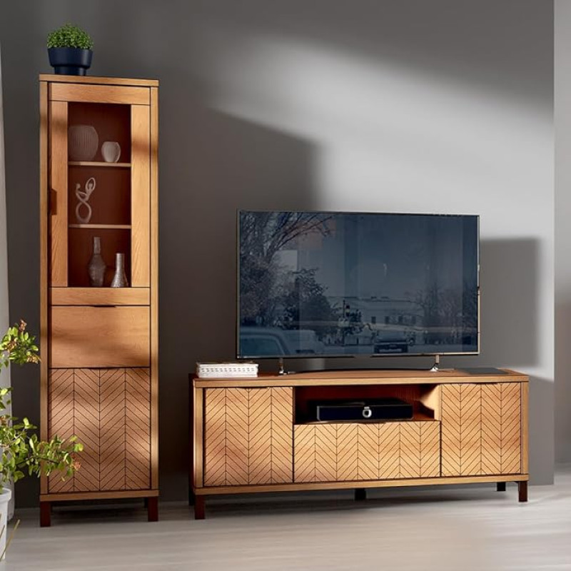 Living Room Furniture Set 2-Piece Lowboard TV Board TV Base Cabinet Showcase Cabinet Modern Oak