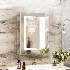 Janboe High Quality LED Medicine Cabinet, Illuminated Medicine Cabinet, 3 Colors and Dimmable, Demister, Illuminated Glass Shelf, USB Shaver Socket, Surface Mount or Recess Mount, 16 x 24 Inch