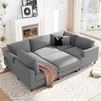 Eafurn Deep Seat, Convertible Modular Sectional Sofa Set, Free Combining Corner Couch with Movable Ottoman, 6 Seater, Corduroy Upholstery, Comfortable Sofa and Couches with Wooden Legs for Living Room