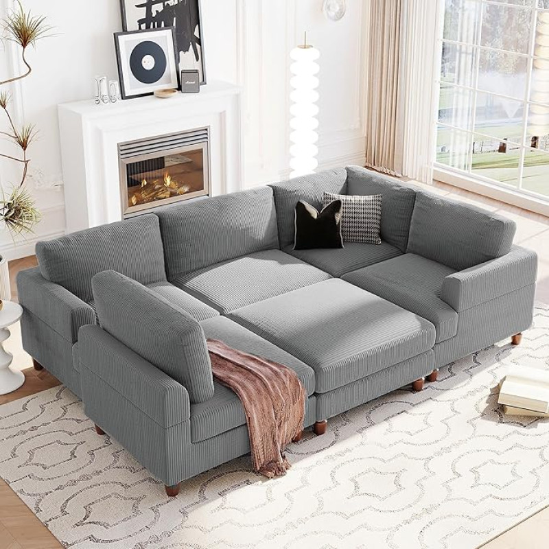 Eafurn Deep Seat, Convertible Modular Sectional Sofa Set, Free Combining Corner Couch with Movable Ottoman, 6 Seater, Corduroy Upholstery, Comfortable Sofa and Couches with Wooden Legs for Living Room