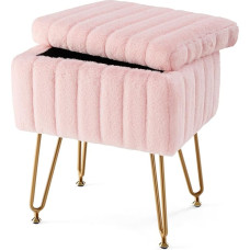 Sweetcrispy Cosmetic Stool with Storage Ottoman Faux Fur Soft Padded Makeup Footstool Seat with 4 Metal Legs Non-Slip Adjustable Feet for Home Entryway Bedroom