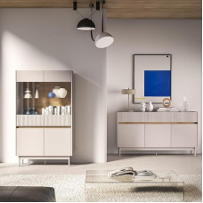 Lomadox Living Furniture Set in Matt Cashmere with Oak Groove Detail, Sideboard & Highboard Including Lighting, 2 Pieces