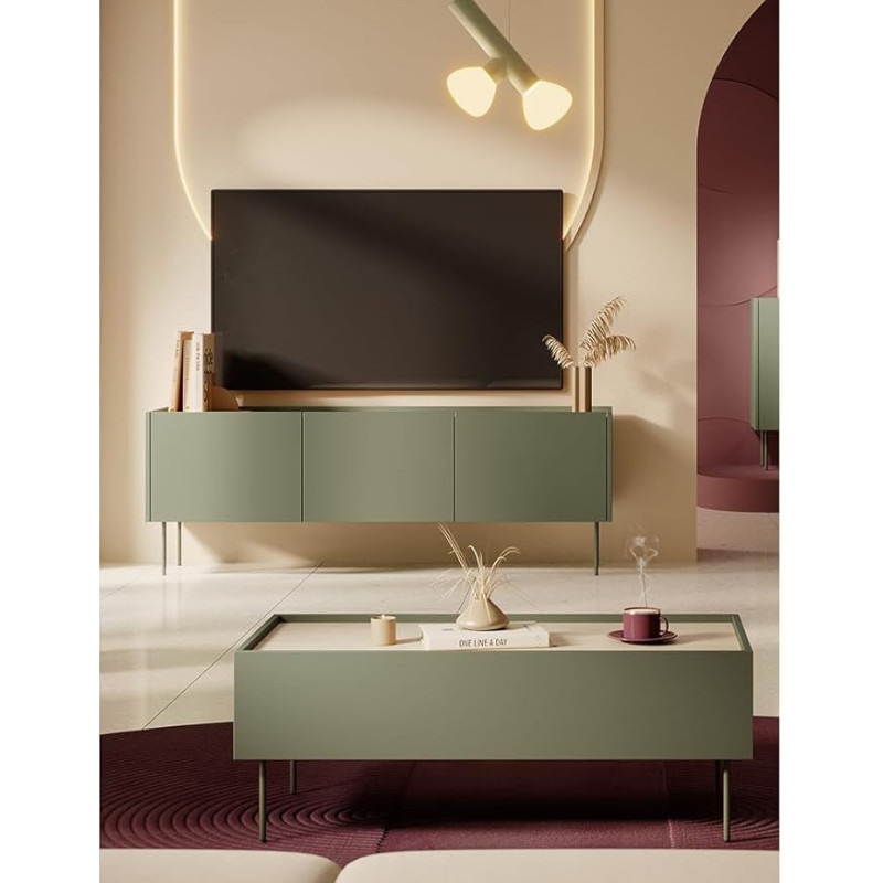 Living Furniture Set Living Wall Unit in Olive Green with Oak 2-Piece with Coffee Table Lowboard Modern Handle-Free