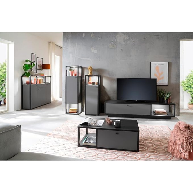 Living Room Furniture Set Grey 5-Piece Modern with Anthracite, 3 Highboards, 1 Lowboard, 1 Coffee Table