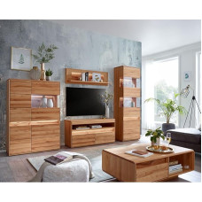 Living Room Furniture Set Solid Beech Heartwood Oiled with Highboard, Wall Board, Lowboard, Display Cabinet, Coffee Table and LED Lighting, 5 Pieces, Real Wood/Solid Wood, Soft Close, Handle-Free