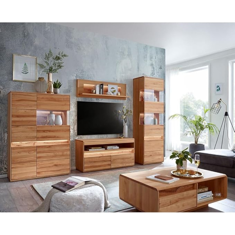 Living Room Furniture Set Solid Beech Heartwood Oiled with Highboard, Wall Board, Lowboard, Display Cabinet, Coffee Table and LED Lighting, 5 Pieces, Real Wood/Solid Wood, Soft Close, Handle-Free