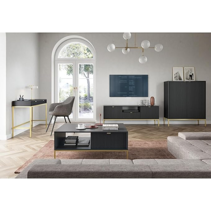 Home Furniture Set Wall Unit Black Base Frame Gold-Coloured 4 Pieces 1 Highboard 1 Secretary 1 Coffee Table 1 Lowboard