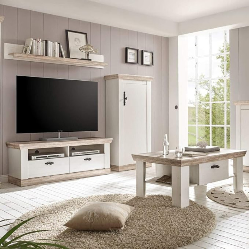 Country House Wall Unit Pine White with Chest of Drawers, TV Lowboard, Shelf and Coffee Table
