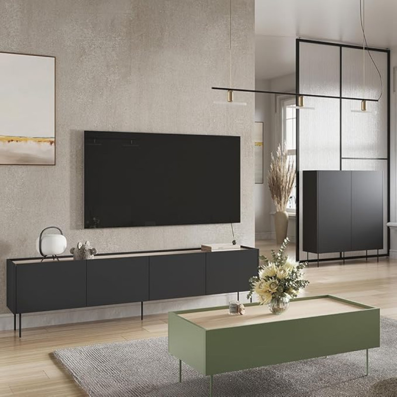 Home Furniture Set Wall Unit in Black Matt and Olive Green with Oak 3-Piece with Coffee Table, Highboard, Lowboard, Modern, Handle-Free