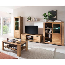 Living Room Furniture Set Partially Solid Oak 6 Pieces 1 Display Cabinet 1 Wall Shelf 1 Lowboard 1 Highboard 1 Coffee Table with Lighting