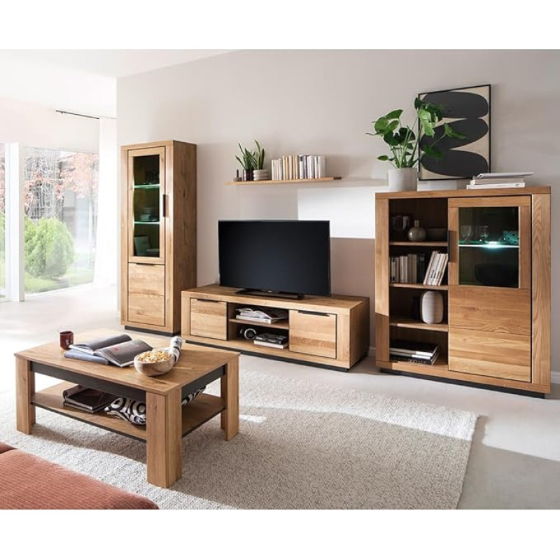 Living Room Furniture Set Partially Solid Oak 6 Pieces 1 Display Cabinet 1 Wall Shelf 1 Lowboard 1 Highboard 1 Coffee Table with Lighting