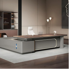 ZDFTGKM Chefschreibtisch – Luxusbüro mit Schubladen, Heimschreibtische, Multifunktions-Kabelbox, Regale aus Massivholz und LED-Streifen, Keine Installation erforderlich (braun, 102,4 Zoll)