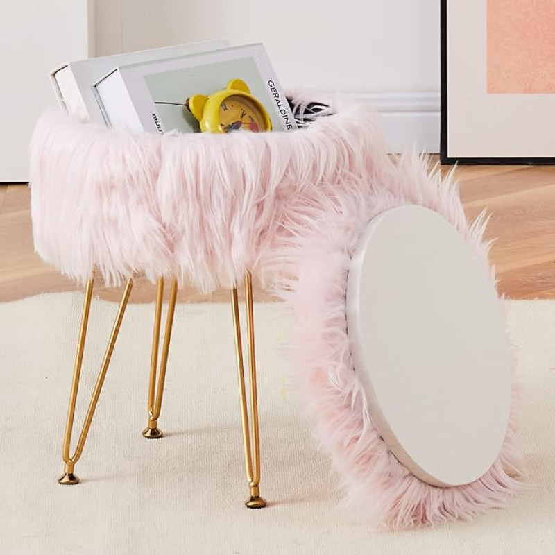 Mxfurhawa Round Faux Fur Ottoman Storage Soft Furry Ottoman with 4 Metal Legs Compact Footrest Stool Modern Footstool Ottoman Makeup Seat Entrance Makeup Bench