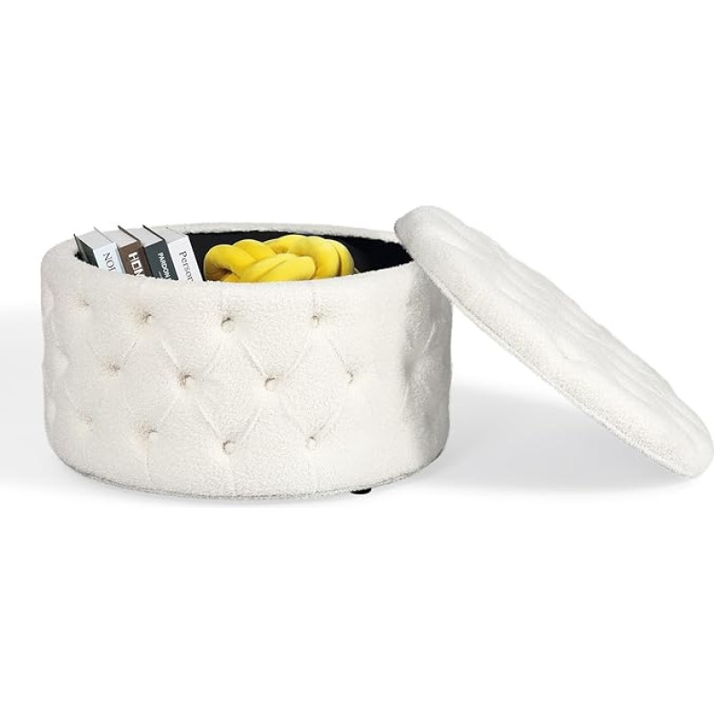 Homebeez Round Faux Fur Ottoman with Buttons, Tufted Footrest, Stool, Bench, Coffee Table for Living Room, White