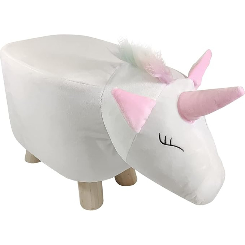 Footstool Pouf Animal Unicorn Height 28 cm Waterproof Suede Feet Made of High-Quality Solid Wood