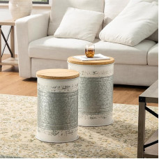 glitzhome Rustic Side Table Farmhouse Galvanized Metal Ottoman Storage Stool with Round Wooden Lid for Living Room Furniture, Distressed White, Set of 2
