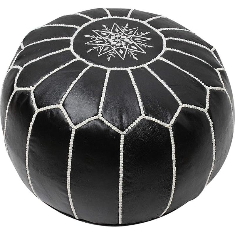 ESSENCE OF MOROCCO Moroccan Pouf Footrest Footstool Ottoman Genuine Leather Black and White Handmade Hand Stitched with Embroidered Marrakech Design (Cover Only)