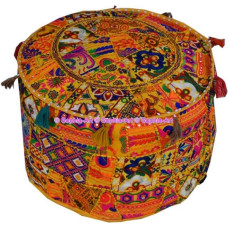 Indian Embroidered Patchwork Cover Indian Decorative Stool Indian Comfortable Floor Cotton Cushion Ottoman Stools Indian Designs Ethnic Patchwork Stool (Yellow Rajkoti, 14 x 22 Inches)