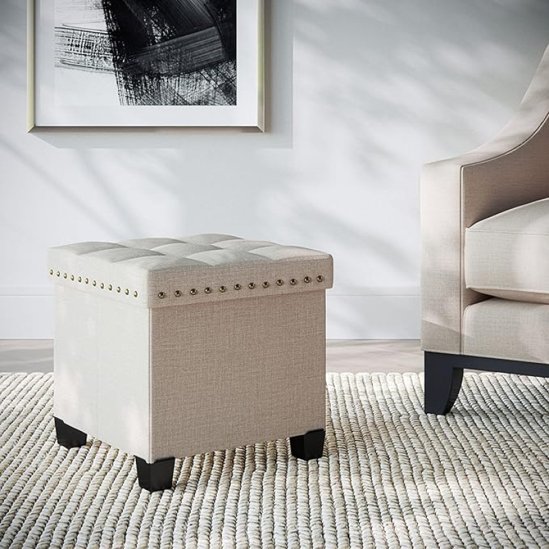 Nathan James 71103 Payton Foldable Storage Ottoman Footrest and Cube Seat Beige