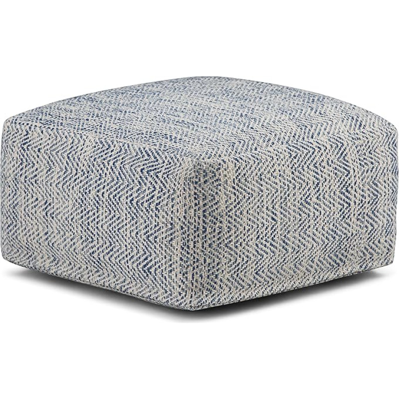 Simpli Home SIMPLIHOME Nate Boho Square Pouf Made of Patterned Denim Melange Cotton for Living Room, Bedroom and Children's Room