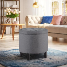 BELLEZE Modern Ottoman Storage Small Padded Stool with Button Placket Footstool with Lifting Surface for Bedroom Living Room Vanity - Grey