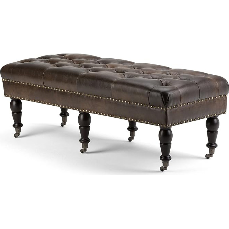Simpli Home Henley Tufted Leather Ottoman, Distressed Brown, 127 x 50.17 x 45.72 cm