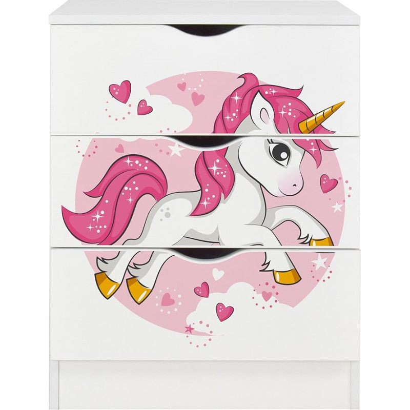 Leomark valge 3 sahtliga kapp - Roma - Mööbel lastetoale puidust, magamistoamööbel (roosa ükssarvik)