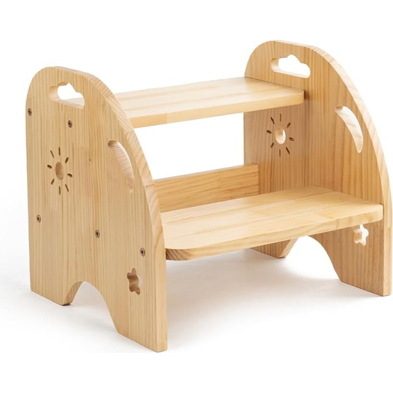 Laste puidust astmetool 2 astet - libisemisvastane laste käepidemega väljaheide - 200 kg kandevõime kööki ja vannituppa alates 3. eluaastast