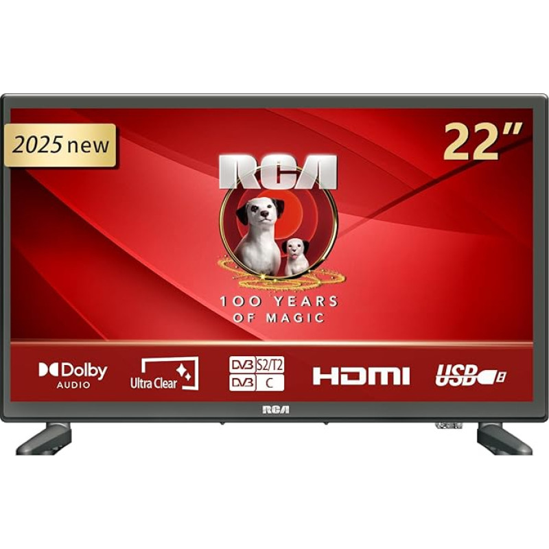 RCA E22 TV 22 Inch 230 V 1080p LED Mini TV 56 cm Full HD Dolby Audio Triple Tuner (DVB-C/-S2/-T2) VGA/HDMI/USB Hotel Mode [2025] [Energy Class E]