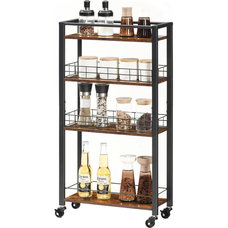 HOOBRO 4 Tier Rolling Cart Recess Shelf Rolling Cart Slim Kitchen Cart with Baskets for Kitchen Bathroom Dining Room Laundry Room Rustic Brown and Black EBF17TC01