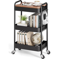 KINGRACK 3 Tier Rolling Cart Metal Cart with Removable Wooden Tray Storage Art Trolley Organizer Serving Trolley Easy Assembly