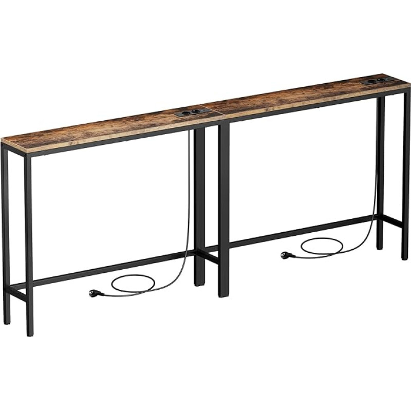 2 x Slim Console Table with European Sockets and USB Ports, Shelf for Small Spaces, Console Table, Hallway Table, Vintage Brown