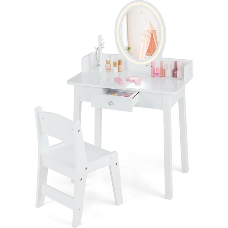 COSTWAY 2-in-1 Children's Dressing Table with Stool, Dressing Table with Lighting, Wooden Vanity Unit with Drawer & Jewellery Organiser, Cosmetic Table Princess for Girls from 3 Years (White)