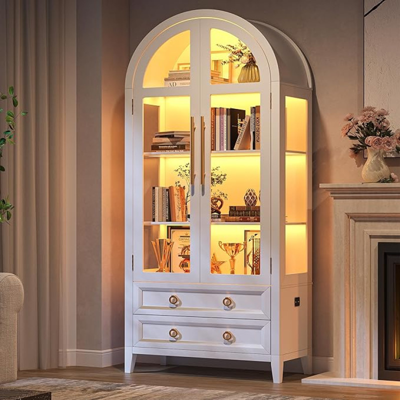 LVSOMT Curved Glass Display Case with LED Lighting, 180 cm Display Cabinet with Glass Doors, Arch Display Cabinet with 4 Display Shelves and 2 Drawers, 3 Colour Light, Display Cabinet Glass Wood